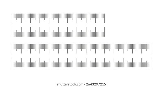 Set of measuring charts with 10, 15 centimeters. Ruler scale pattern. Length measurement math, distance, height, sewing tool template.