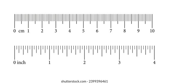 Set of measuring charts with 10 centimeters and 4 inches. Collection of templates rulers scale with numbers. Sewing tool. Length measurement math, distance, height. Vector simple illustration. Eps.