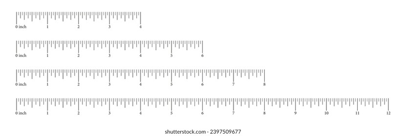 Set measuring charts with 4, 6, 8, 12 inches. Collection of templates rulers scale with numbers. Length measurement math, distance, height. Sewing tool. Vector illustration.