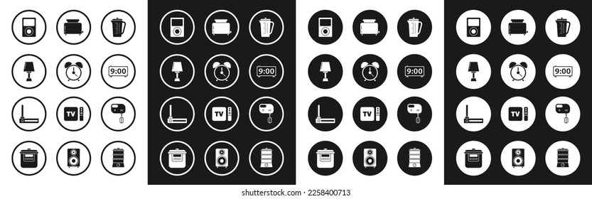 Fijar taza de medición, reloj de alarma, lámpara de mesa, reproductor de música, alarma digital, tostadora con tostadas, mezclador eléctrico y enrutador e icono de señal wi-fi. Vector