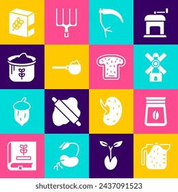 Set Measuring cup, Bag of coffee beans, Windmill, Scythe, with flour, Flour pack and Bread toast icon. Vector