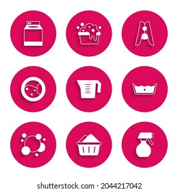 Set Measuring cup, Basin with soap suds, Water spray bottle, Temperature wash, Soap water bubbles, Washer, Clothes pin and  icon. Vector