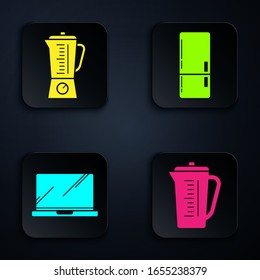 Set Measuring cup, Blender , Laptop  and Refrigerator . Black square button. Vector
