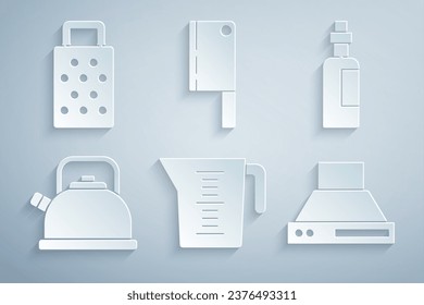 Juego de taza de medición, botella de aceite de oliva, hervidor con asa, ventilador de extractor de cocina, helicóptero de carne y icono de Grater. Vector