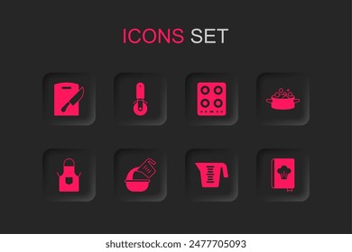 Set Measuring cup and bowl, Pizza knife, Cutting board, Cooking pot, Cookbook, Gas stove and Kitchen apron icon. Vector