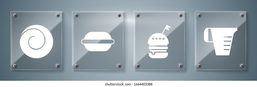 Colocar copa de medida, hamburguesa , galleta de Macaron y bollo de rodillo con canela . Paneles de vidrio cuadrado. Vector