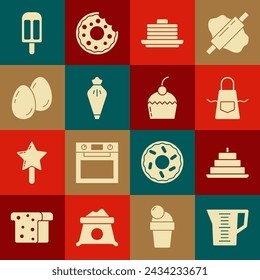 Set Measuring cup, Cake with burning candles, Kitchen apron, Stack of pancakes, Pastry bag, Easter eggs, Ice cream and  icon. Vector