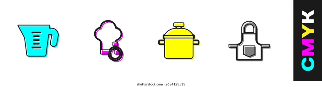 Set Measuring cup, Chef hat, Cooking pot and Kitchen apron icon. Vector