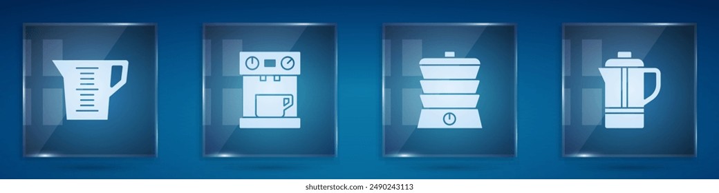 Set Taza de medición, Cafetera, Cocina lenta y Tetera. Paneles de vidrio cuadrado. Vector