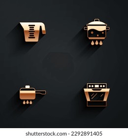 Set Measuring cup, Cooking pot on fire,  and Oven icon with long shadow. Vector