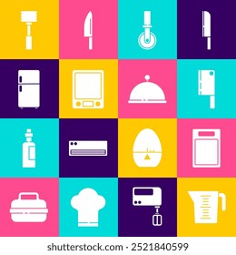 Set Measuring cup, Cutting board, Meat chopper, Pizza knife, Electronic scales, Refrigerator, Kitchen hammer and Covered with tray icon. Vector