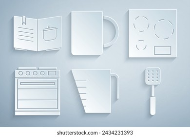 Set Measuring cup, Electric stove, Oven, Spatula, Coffee and Cookbook icon. Vector