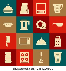 Set Measuring cup, Grater, Frying pan, Electronic scales, Electric kettle, Kitchen colander, Covered with tray of food and Chef hat speech bubble icon. Vector
