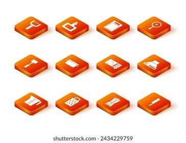 Set Measuring cup, Grater, Kitchen hammer, Cooking pot, Blender, Microwave oven, Knife and extractor fan icon. Vector