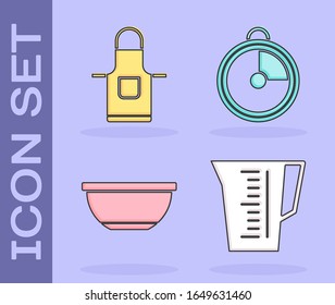 Set Measuring cup, Kitchen apron , Bowl  and Kitchen timer  icon. Vector