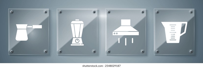 Set Measuring cup, Kitchen extractor fan, Blender and Coffee turk. Square glass panels. Vector