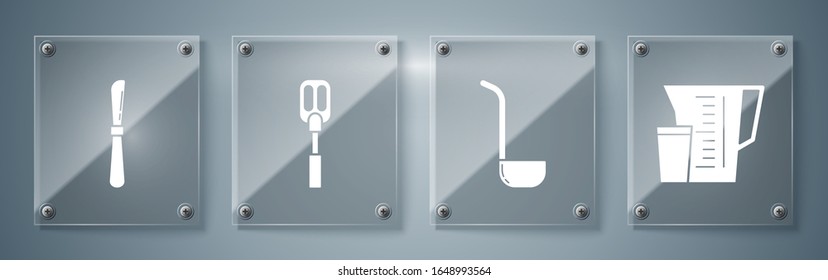 Set Measuring cup, Kitchen ladle , Spatula  and Knife . Square glass panels. Vector