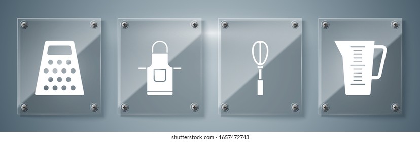Set Measuring cup, Kitchen whisk , Kitchen apron y Grater . Paneles de vidrio cuadrado. Vector