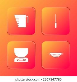 Set Measuring cup, Knife sharpener, Electronic scales and Kitchen colander icon. Vector