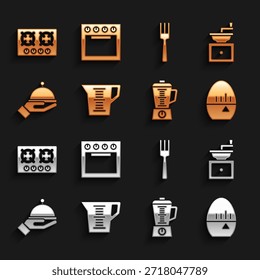 Set Measuring cup, Manual coffee grinder, Kitchen timer, Blender, Covered with tray, Fork, Gas stove and Oven icon. Vector