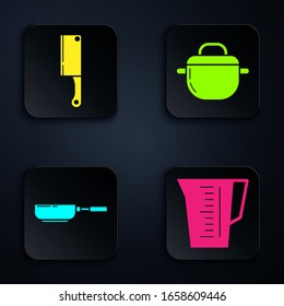 Ponga un vaso medidor, un helicóptero de carne, una sartén y una olla de cocina. Botón cuadrado negro. Vector