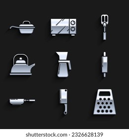 Set Measuring cup, Meat chopper, Grater, Rolling pin, Frying pan, Kettle with handle, Spatula and icon. Vector