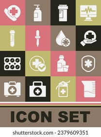 Set Measuring cup, Medical shield with cross, Cross hospital medical, Medicine bottle, Pipette, Test tube blood, Emergency phone call to and Blood test and virus icon. Vector