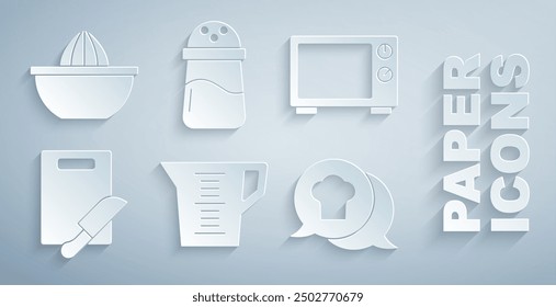 Set Measuring cup, Microwave oven, Cutting board and knife, Chef hat speech bubble, Salt and Citrus fruit juicer icon. Vector