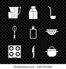 Set Measuring cup, Paquete de papel para la leche, Cuchilla de cocina, Cocina de gas, Cuchilla, Cocina de cocción, whisk y icono de la tabla de corte. Vector