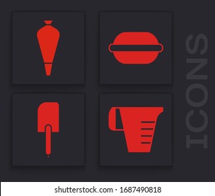 Set Measuring cup, Pastry bag for decorate cakes, Macaron cookie  and Spatula  icon. Vector
