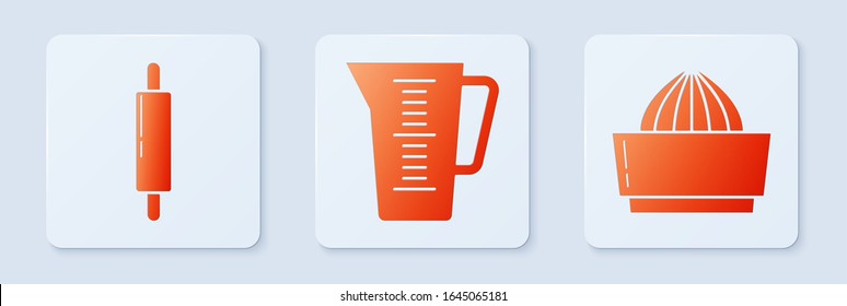 Set Measuring cup, Rolling pin  and Citrus fruit juicer . White square button. Vector