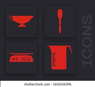 Set Measuring cup, Sauce boat, Spoon and Electronic scales icon. Vector