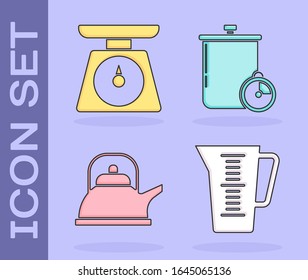 Ajuste la taza de medida, escalas , hervidor de agua con mango y el icono del temporizador de cocina y olla de cocina. Vector