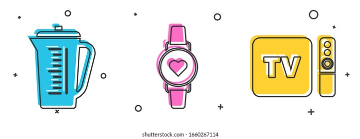 Set Measuring cup, Smart watch zeigt Herzschlag und TV Box Empfänger und Player mit Remote Controller Icon. Vektorillustration