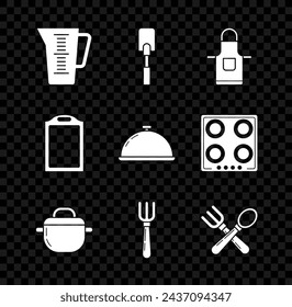Set Measuring cup, Spatula, Kitchen apron, Cooking pot, Fork, Crossed fork and spoon, Cutting board and Covered with tray of food icon. Vector
