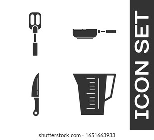 Set Measuring cup, Spatula , Knife  and Frying pan  icon. Vector