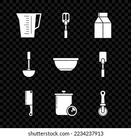 Set Measuring cup, Spatula, Paquete de papel para la leche, Cuchillo de carne, Horario de cocina y olla, Cuchillo de pizza, Cuchilla de cocina e icono del Bowl. Vector