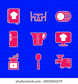 Set Measuring cup, Spoon, Kitchen cárnica grinder, Chef hat con ubicación, Café Manual, Refrigerador, Plate and Cookbook icon. Vector