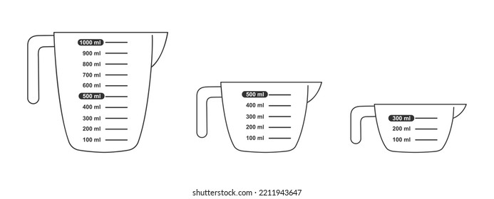 Set of measuring cups with 1 liter, 500 and 300 ml volume. Liquid containers for cooking with fluid capacity scale. Vector graphic illustration.