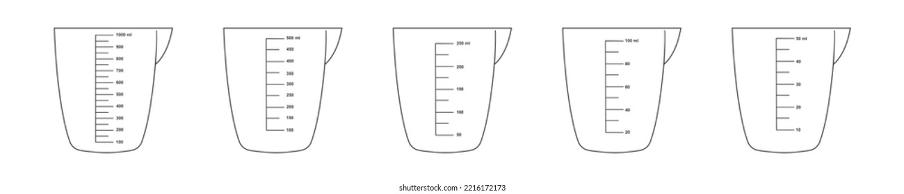 Set of measuring cups with 1 liter, 500, 250, 100 and 50 ml fluid volume scale. Liquid containers for preparing cooking. Vector outline illustration.