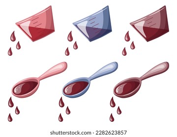 Set of measuring cups and spoons with syrup. Medicine, pharmacy and healthcare concept. Isolated vector illustration for flyer, poster, banner.