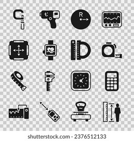 Fijar cuerpo de altura de medición, calculadora, construcción de ruleta, radio, reloj inteligente, medición de área, micrómetro y protractor e icono de regla. Vector