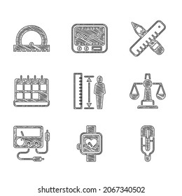 Set Measuring Height Body, Smart Watch, Medical Thermometer, Scales Of Justice, Multimeter, Voltmeter, Calendar, Crossed Ruler And Pencil And Protractor Icon. Vector