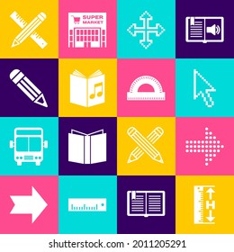Ajuste la altura y la longitud de medición, flecha puntos, cursor de píxeles, flechas en cuatro direcciones, libro de audio, lápiz, lápiz de regla cruzado e icono de rejilla del tractor. Vector