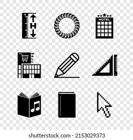 Einstellen von Höhe und Länge, Laurel Kranz, Hotelgebäude, Audiobuch, Buch, Pixel Pfeil-Cursor, Einkaufszentrum Supermarkt und Bleistift-Linie Symbol. Vektorgrafik