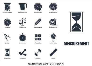 Set of Measuring icon logo vector illustration. measure, measurement pack symbol. sand glass, speedometer, barbell, calculator and more template for graphic and web design collection