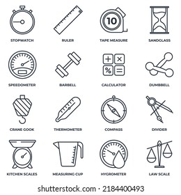 Set of Measuring icon logo vector illustration. measure, measurement pack symbol. sand glass, speedometer, barbell, calculator and more template for graphic and web design collection