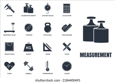 Set von Measuring Symbol Logo, Vektorgrafik. Messwert, Messpacksymbol. Wasserglocke, Lineal, Gewichtsskala und weitere Vorlagen für Grafik- und Webdesign-Kollektion