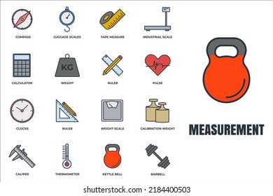 Set of Measuring icon logo vector illustration. measure, measurement pack symbol. kettle bell, ruler, weight scale and more template for graphic and web design collection