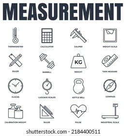 Set of Measuring icon logo vector illustration. measure, measurement pack symbol. kettle bell, ruler, weight scale and more template for graphic and web design collection